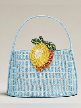 Anthropologie Maeve Beaded Icon Tote Bag Purse handbag lemon light blue white